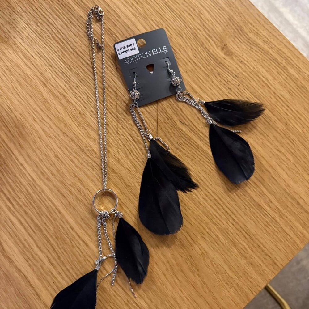 Black Feather Necklace and Earrings 5/$25